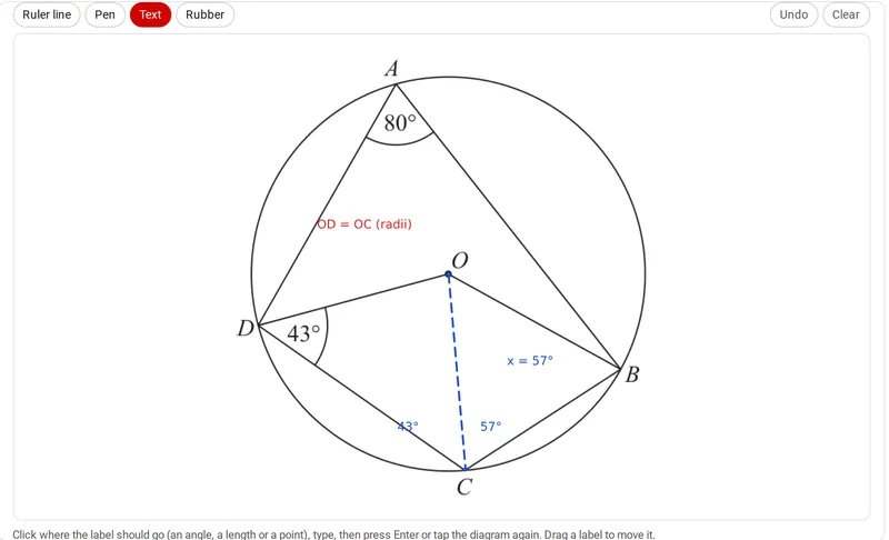 The student's screen: a circle theorem diagram with their dashed radius and angle labels in blue.