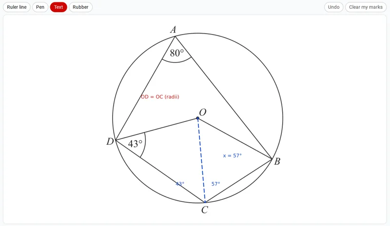 The tutor's view of the same diagram, with the tutor's red note 'OD = OC (radii)'.