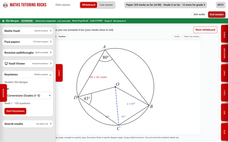 The Vault drawer: Maths Vault search, past papers, revision walkthroughs, interactive lessons and the Keystones programme.