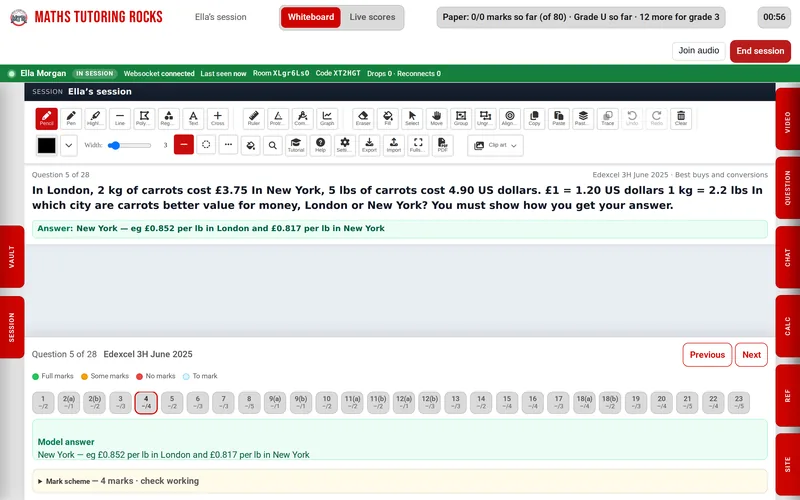 The whiteboard toolbar with pen, ruler, protractor, compass and graph tools, a past paper question on the board, and the question navigator below.
